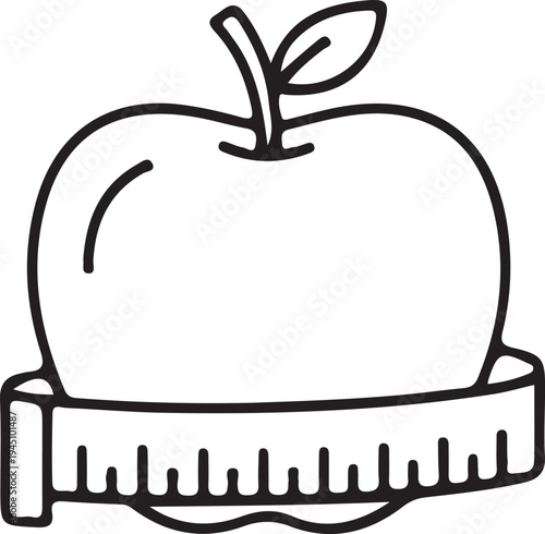 Apple with measuring tape, healthy eating symbol, diet control icon, fruit and weight loss concept