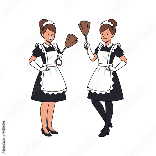 Two cartoon maids with dusters in their hands