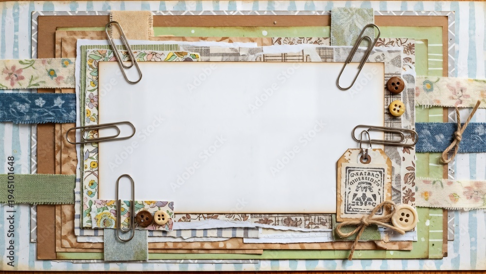 Fototapeta premium Vintage scrapbook frame with paper clips and ribbons, blank white space for photos, decorative background with floral patterns and textures