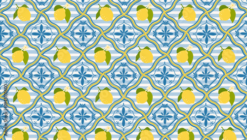 Seamless pattern with yellow lemons and blue tiles in a minimalist style. Decorative design with Mediterranean citrus fruits and geometric patterns. 