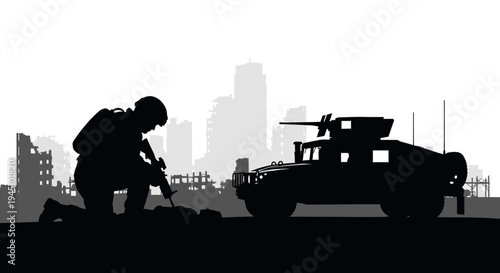 Soldier Kneeling with Rifle Beside Humvee in Ruined City Silhouette