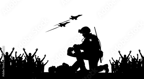 Soldier Kneels Beside Fallen Comrade, Jets Fly Overhead, Crowd Cheers