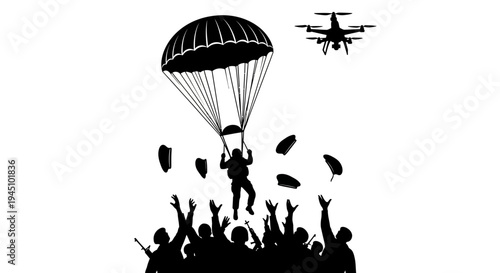 Soldier Parachuting from Drone, Rescuing Crowd with Supplies