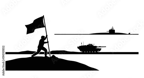 Soldier planting flag on hill with tank and submarine in background, victory, military concept