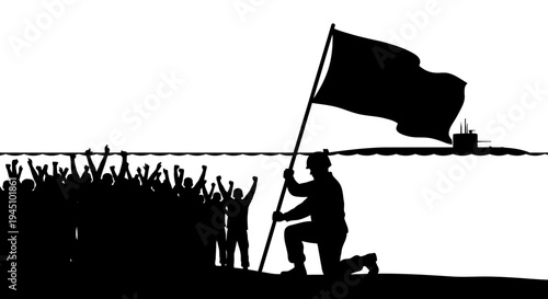 Soldier plants flag on shore, cheering crowd, submarine offshore, victory, celebration, military triumph