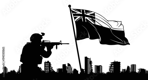 Soldier Raising Flag Over Ruined City, Symbol of Victory and Resilience