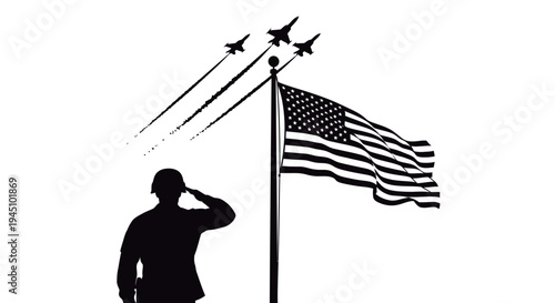 Soldier Saluting American Flag with Fighter Jets Flyover