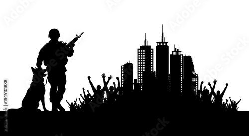 Soldier with Dog and Crowd Silhouette Against City Skyline