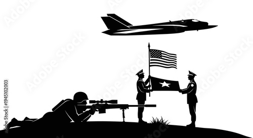 Soldier with Sniper Rifle, US Flag, Vietnam Flag, and Jet Fighter Silhouette