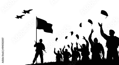 Soldiers celebrating victory with fighter jets flying overhead, throwing hats in the air.