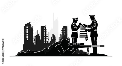 Soldiers Raising Flag Amidst War-Torn Cityscape, Sniper Vigil