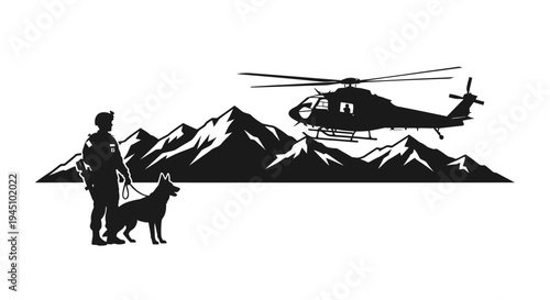 Special Forces Soldier with Dog and Helicopter in Mountains