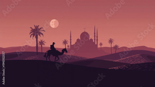 silhouette-style desert scene at dusk, featuring a lone rider on a camel crossing sand dunes, with a grand mosque and palm trees in the background 