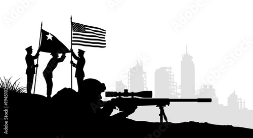 Soldiers Raising Flag on Hilltop with Sniper, Cityscape Silhouette