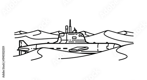 Submarine Sailing Through Desert Dunes - Military Naval Vessel in Sandy Landscape