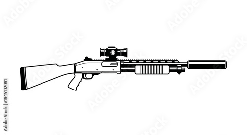 Tactical Shotgun with Silencer and Red Dot Sight, Vector Illustration