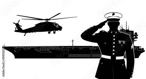 US Marine Salutes on Aircraft Carrier with Helicopter Overhead