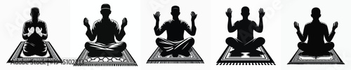 vector silhouette of a Muslim sitting on a prayer mat, praying gesture, hands raised front view