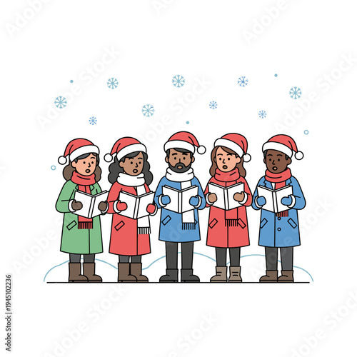 A group of people wearing santa hats singing