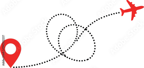 Airplane flying in a winding path to a destination marker