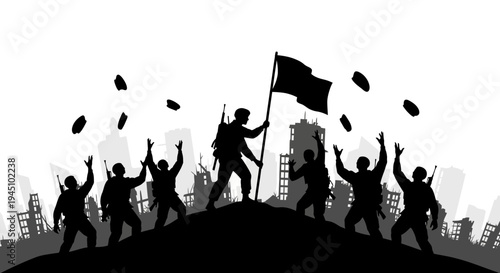 Victory Silhouette: Soldiers Celebrate Raising Flag on Ruined City Hilltop