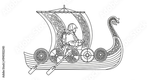 Viking Ship with Warrior and Shields, Outline Illustration