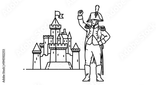 Victorian General Standing Proudly Before a Majestic Castle