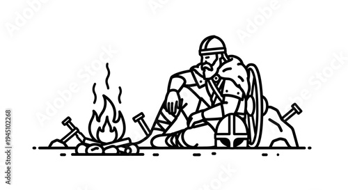 Viking Warrior Resting by Campfire with Shield and Axe