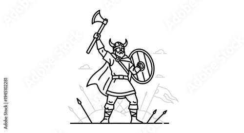 Viking Warrior with Axe and Shield, Victory Pose, Ancient Battle Scene, Line Art Illustration