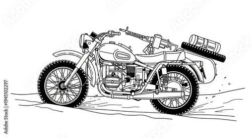 Vintage Motorcycle with Sidecar and Machine Gun - Retro Military Transport Illustration