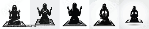 vector silhouette of a Muslim woman sitting on a prayer mat, praying gesture, hands raised front view