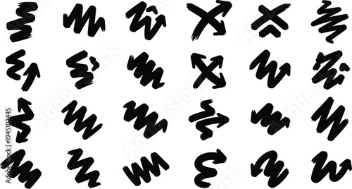 A collection of 32 unique black squiggle characters on white background