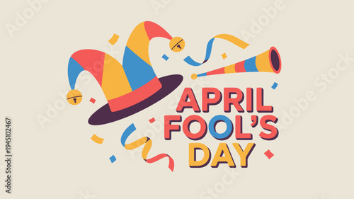 April fool's day colorful jester hat and horn on beige background with confetti