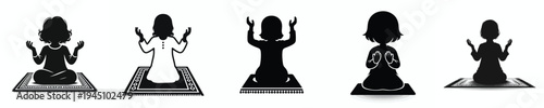 vector silhouette of a Muslim little girl sitting on a prayer mat, praying gesture, hands raised front view