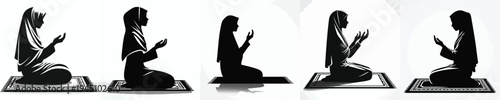 vector silhouette of a Muslim woman sitting on a prayer mat, praying gesture, hands raised side view