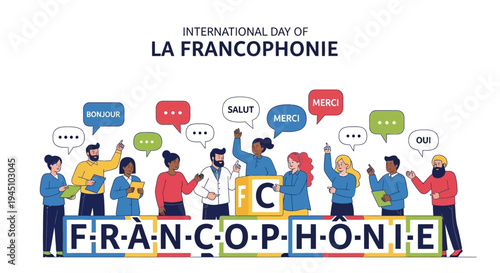 Illustration of diverse people celebrating International Day of La Francophonie with colorful speech bubbles and text in a vibrant, cultural setting.