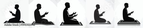 vector silhouette of a Muslim sitting on a prayer mat, praying gesture, hands raised side view