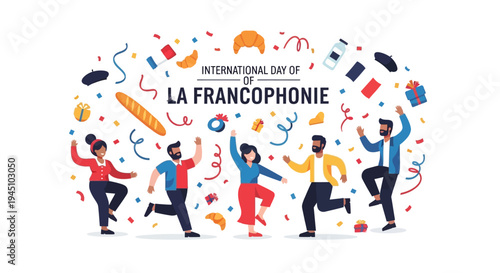 Illustration of people celebrating International Day of La Francophonie with colorful confetti and symbols, promoting French language and culture awareness globally.