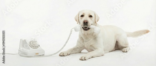 Playful labrador dog holding telephone receiver indoor home setting animal photography light background whimsical concept for engaging family moments