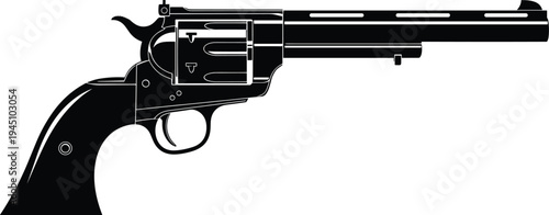 Classic revolver handgun silhouette isolated on light background, vintage western pistol firearm illustration for shooting sport, security, law enforcement and weapon design