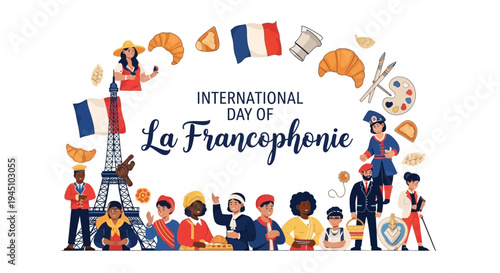 Illustration celebrating International Day of La Francophonie with diverse people and French culture elements on a white background.