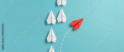 Innovative leadership action a red paper airplane taking off amidst white ones creative concept digital art light blue background inspired viewpoint