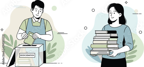 People donating and holding books charity book donation concept community sharing education support flat vector illustration for library donation and volunteer activity