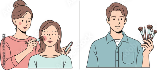 Makeup artist applying blush on woman face and holding cosmetic brushes beauty makeup service concept flat vector illustration for cosmetic and beauty industry