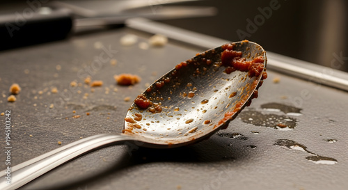 A macro view of a used metal spoon covered in red sauce stains resting on a dark kitchen counter