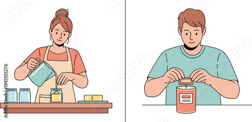 People making homemade candle and pouring wax into jar candle craft hobby concept handmade candle production flat vector illustration for creative diy lifestyle