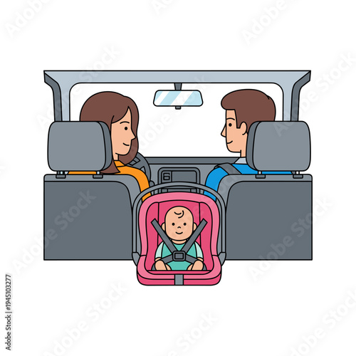 A cartoon image of a baby in a car seat with two adults