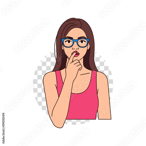 A woman with glasses and a pink tank top is applying lipstick
