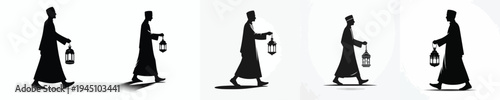 Vector silhouette of a Muslim man walking holding a Ramadan lantern