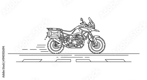 Adventure Motorcycle Riding on Road, Line Art Illustration